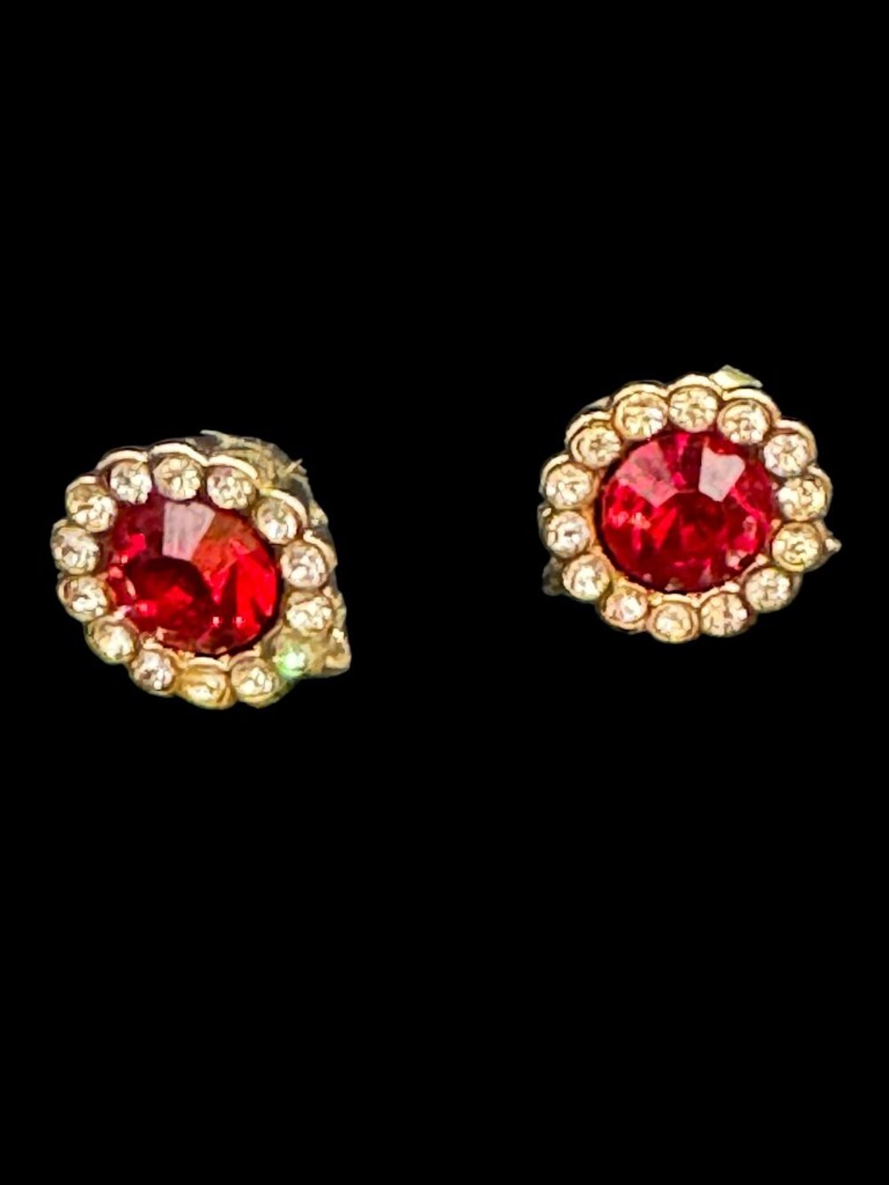 Gold Tone Stud Earrings Pierced Red and Clear Rhinestone